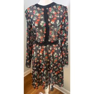 Maje Floral Chiffon Mini Dress Size 2 US 6 Black Long Sleeve Ribbed Trim